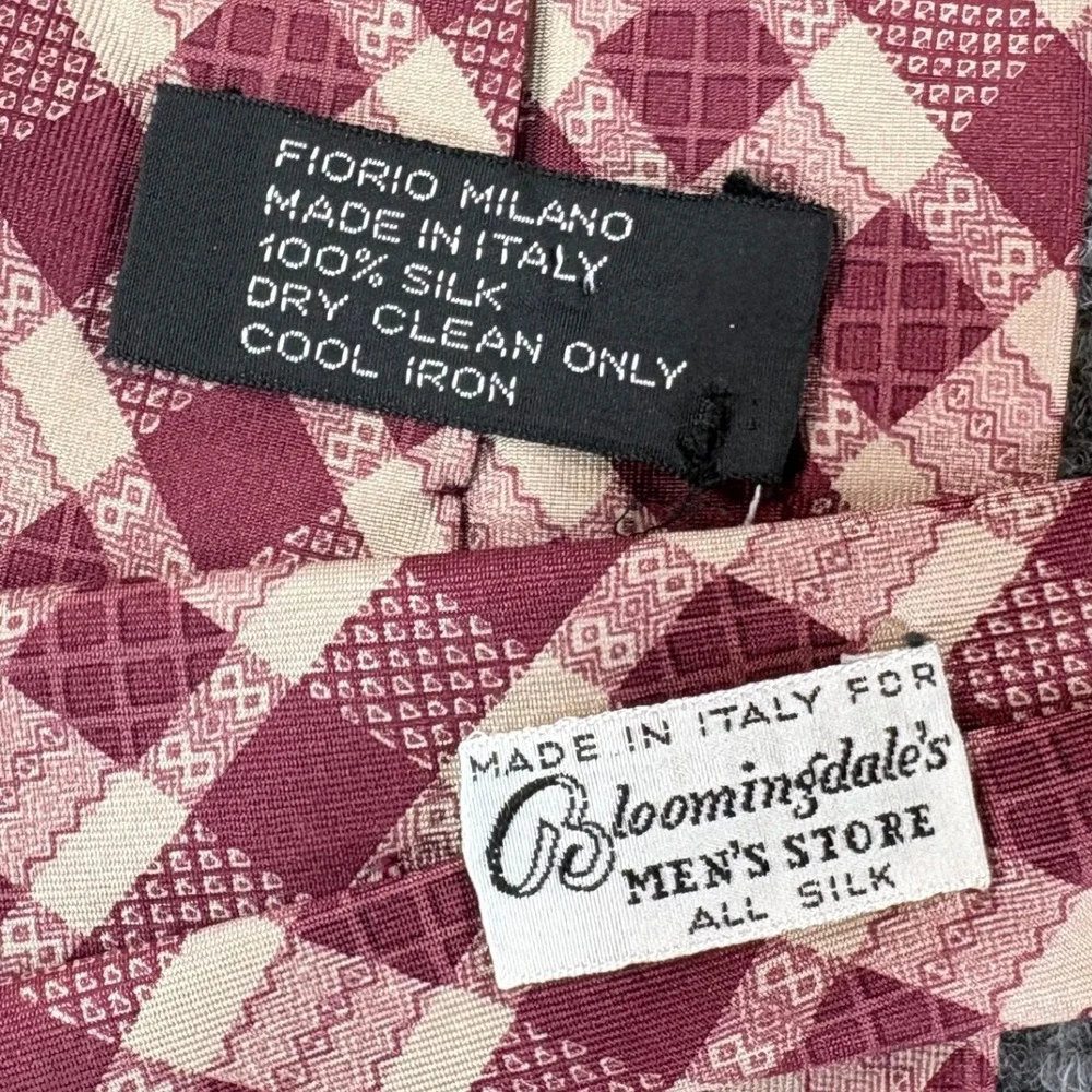 Fiorio Milano Silk Tie Burgundy Cream Plaid Made in Italy Bloomindale's